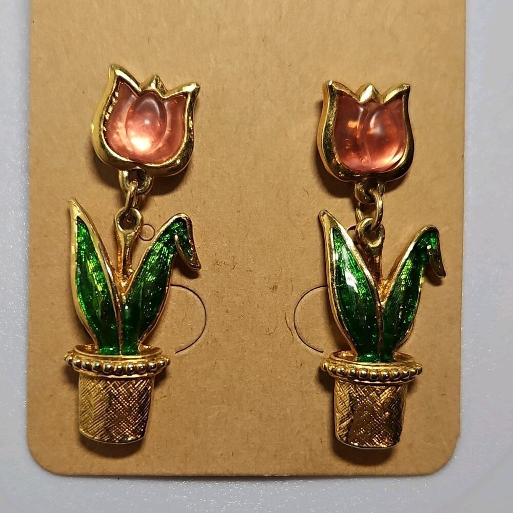 Avon Gold Flower Pot Enamel Dangle Earrings, Green Pink Fashion, Nature Theme